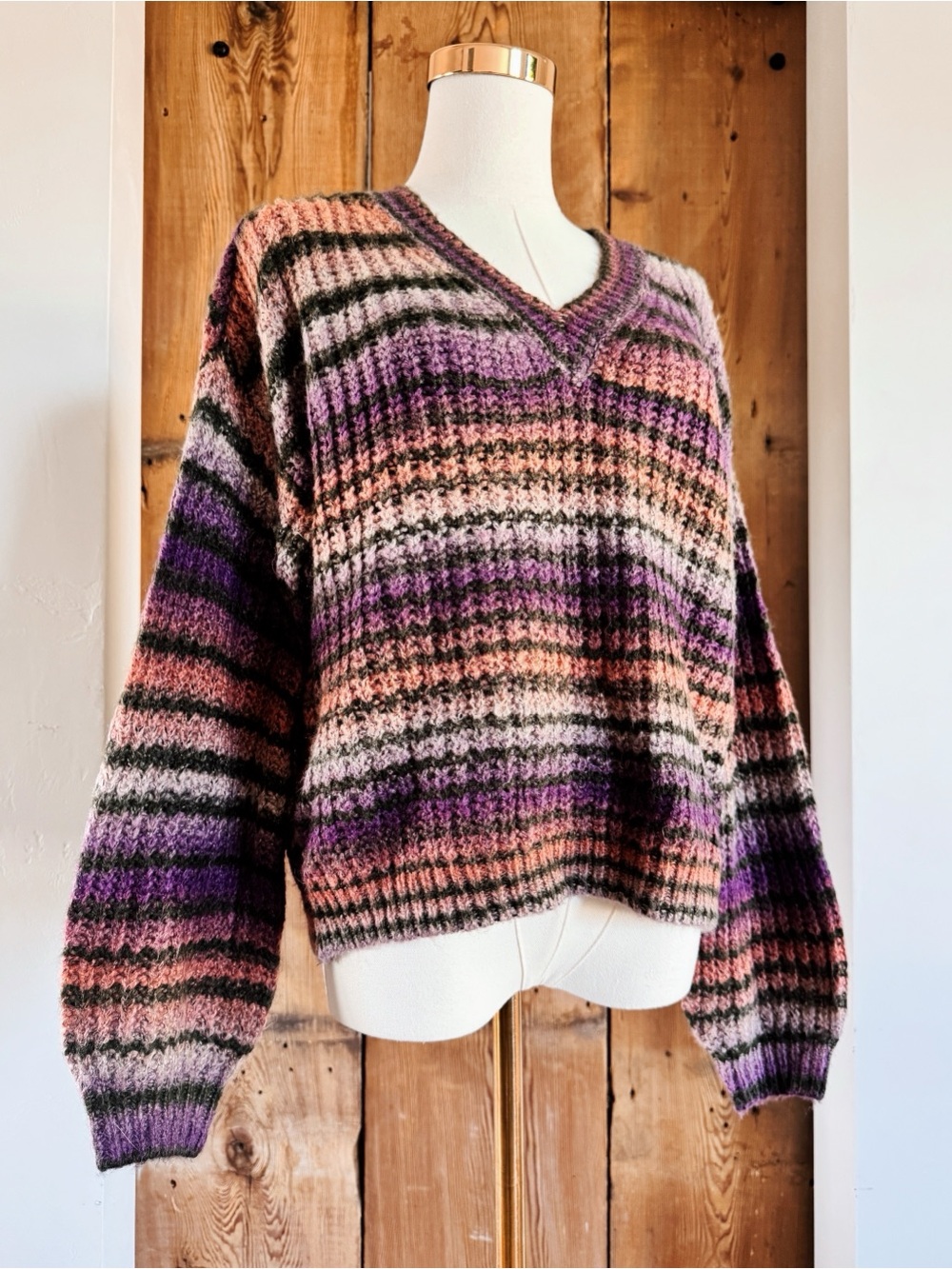 Sz S Gianni Bini Purple Multicolor Relaxed V Neck Chunky Ribbed Knit Sweater EUC